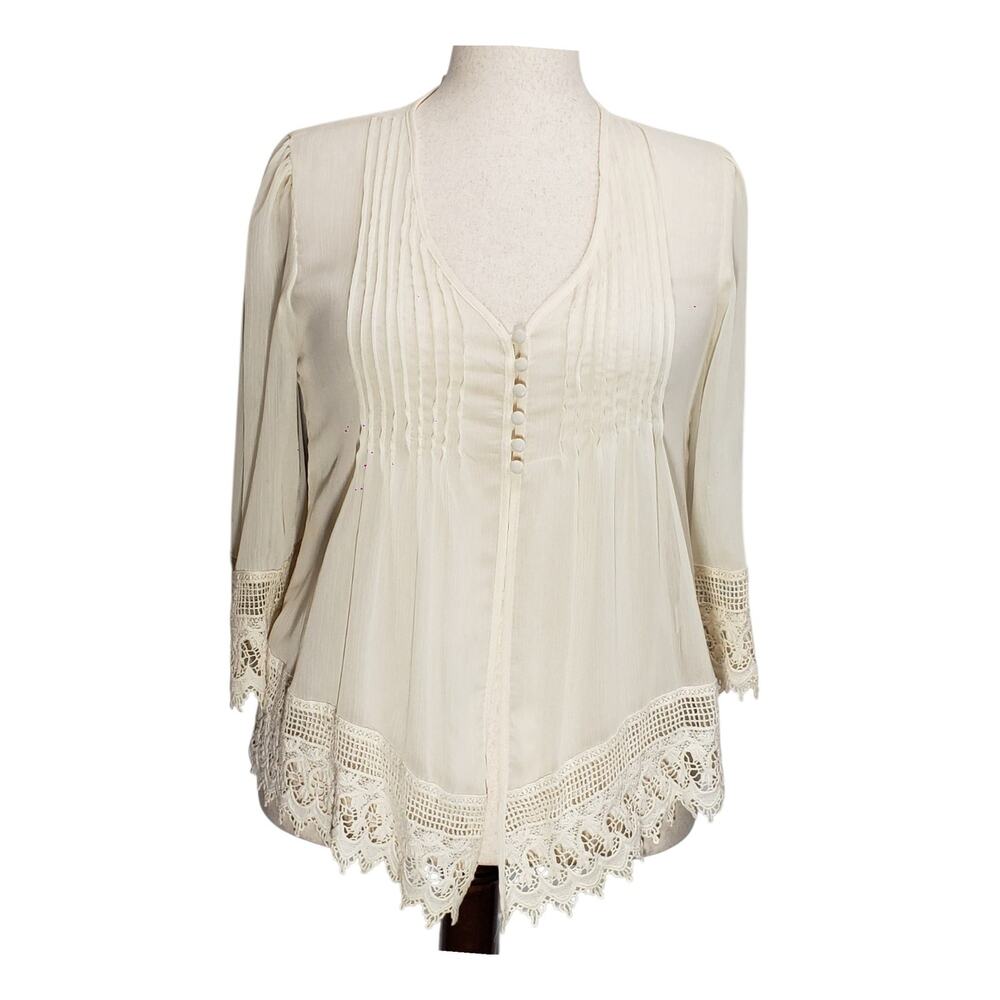 ADIVA Cream Sheer Pleated V-Neck Layering Cardigan L Crochet Boho Festival
